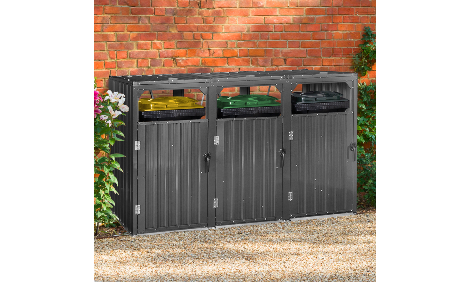 Cache poubelles triple en métal gris anthracite